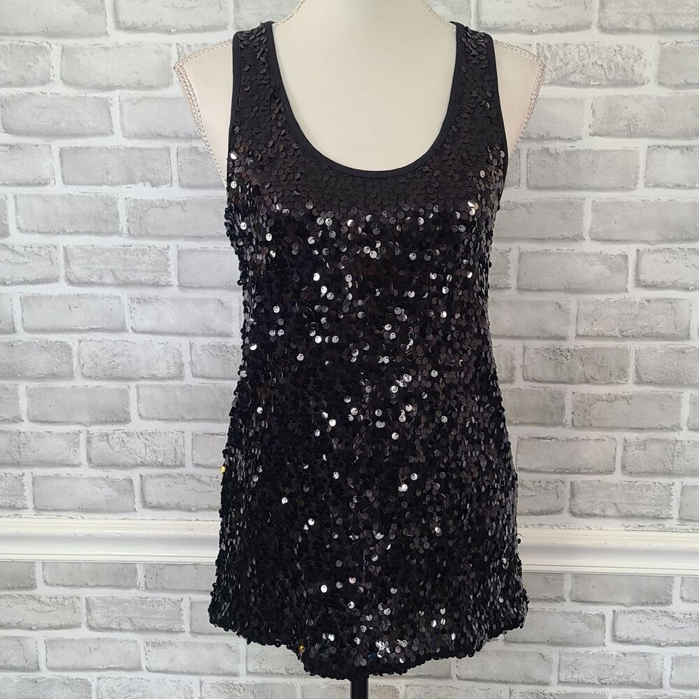 See by CHLOE Black Sequin Sleeveless Shift Tank Dress 8 Glam Party LBD Dance